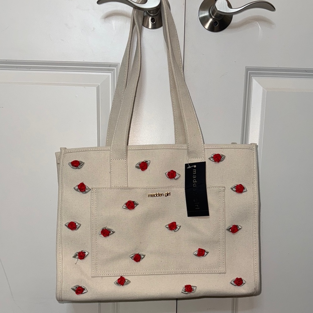 Madden Girl Coquette Canvas Tote Red Rosette Bag Cream Floral Shoulder NWT